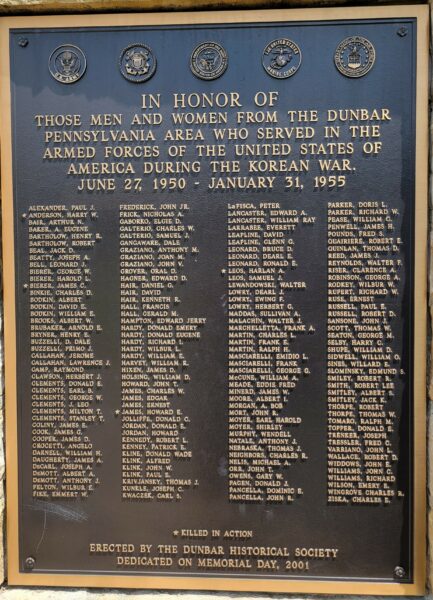 DUNBAR PENNSYLVANIA KOREAN WAR MEMORIAL PLAQUE