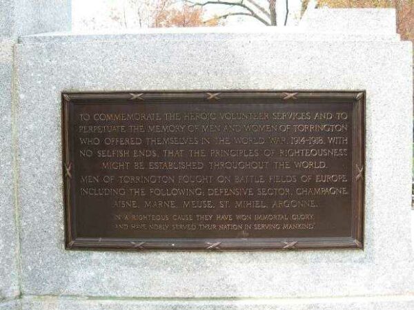 TORRINGTON VETERANS MEMORIAL WORLD WAR I PLAQUE