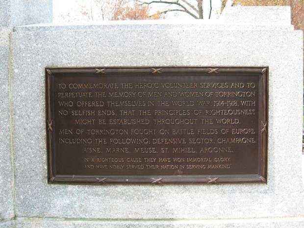 TORRINGTON VETERANS MEMORIAL WORLD WAR I PLAQUE