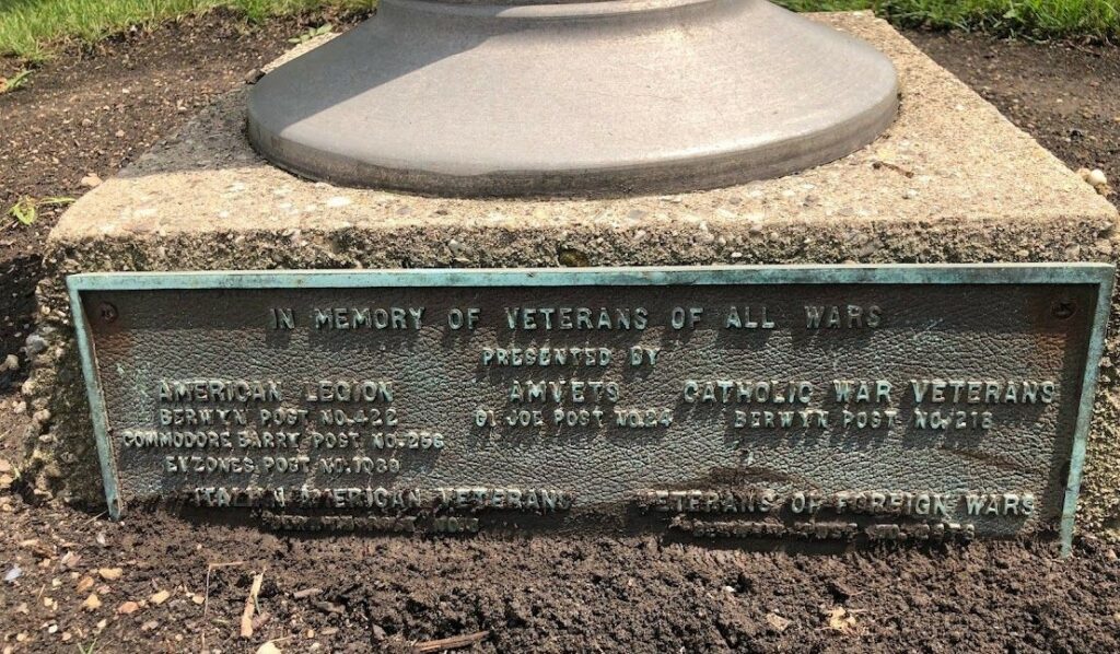 BERWYN ALL WARS VETERANS MEMORIAL FLAGPOLE PLAQUE