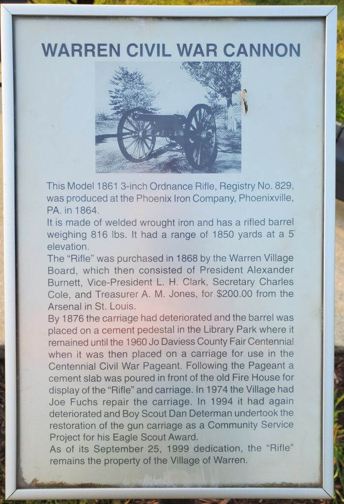 WARREN CIVIL WAR CANNON MEMORIAL PLAQUE