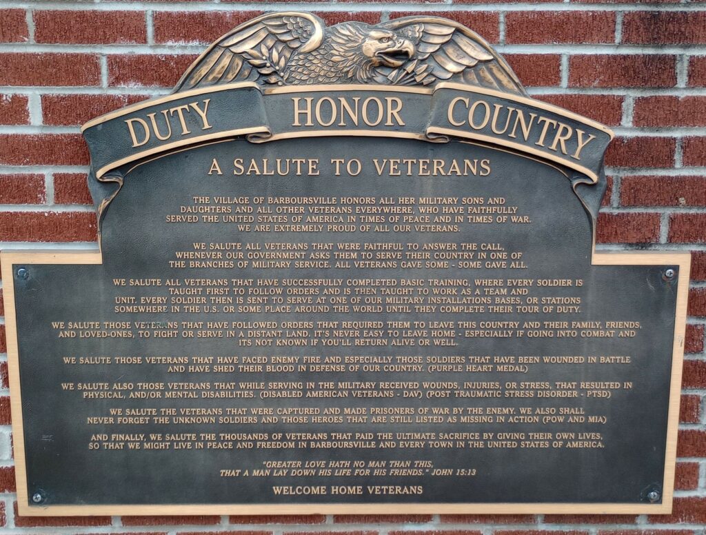 VILLAGE OF BARBOURSVILLE ALL VETERANS MEMORIAL PLAQUE