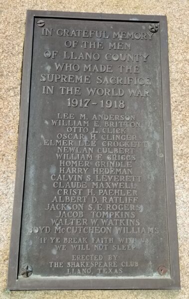 LLANO COUNTY WORLD WAR I SUPREME SACRIFICE MEMORIAL PLAQUE
