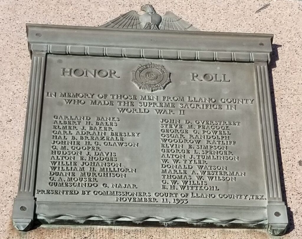 LLANO COUNTY WORLD WAR II SUPREME SACRIFICE MEMORIAL PLAQUE