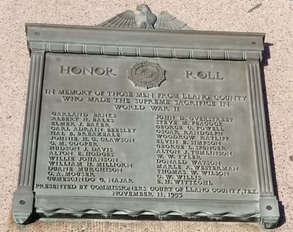 LLANO COUNTY WORLD WAR II SUPREME SACRIFICE MEMORIAL PLAQUE