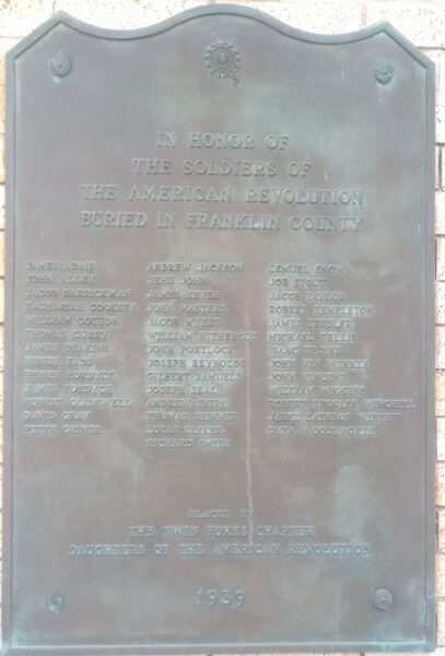 SOLDIERS OF THE AMERICAN REVOLUTION BURIED IN FRANKLIN COUNTY MEMORIAL PLAQUE