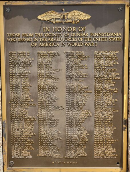 DUNBAR PENNSYLVANIA WORLD WAR I MEMORIAL PLAQUE
