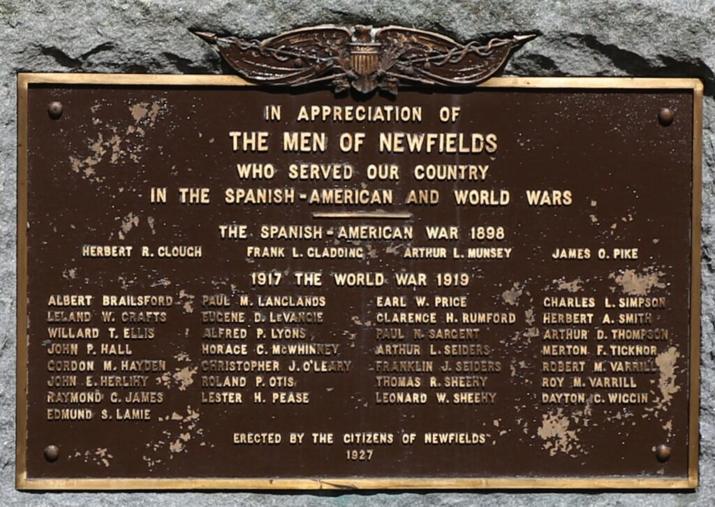 NEWFIELDS, NH SPANISH-AMERICAN AND WORLD WAR MEMORIAL PLAQUE