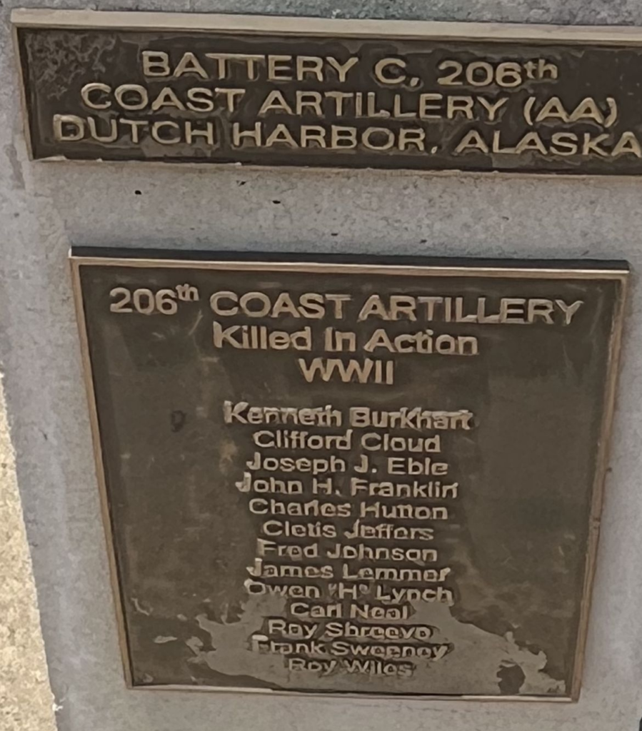 BATTERY C, 206TH COAST ARTILLERY (AA) DUTCH HARBOR, ALASKA MEMORIAL PLAQUE