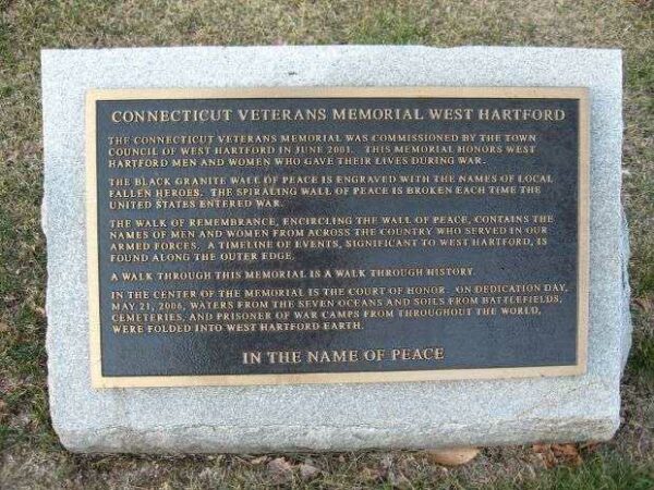 CONNECTICUT VETERANS MEMORIAL WEST HARTFORD PLAQUE