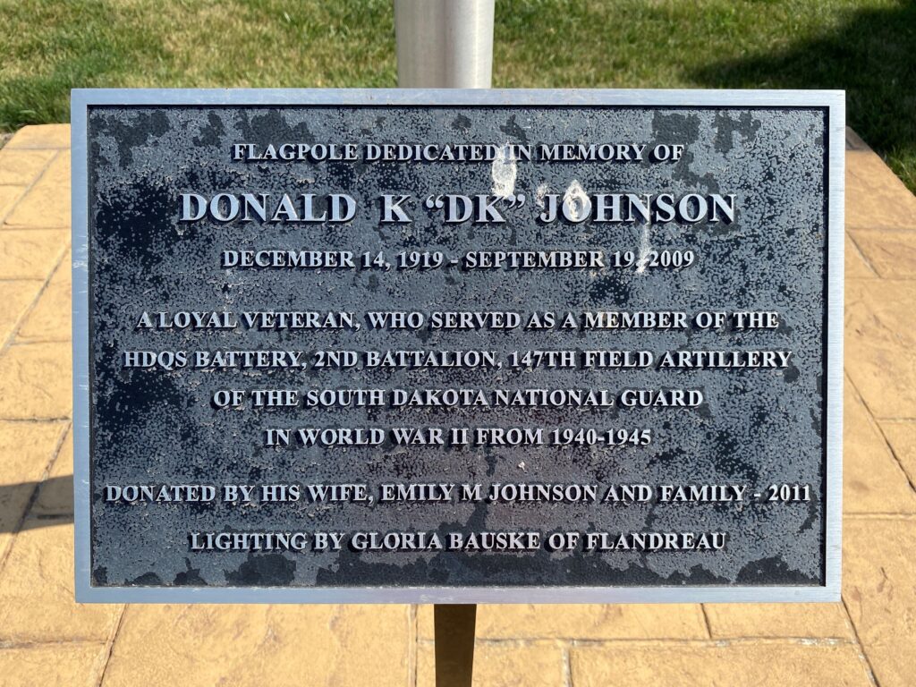 DONALD K “DK” JOHNSON WAR MEMORIAL FLAGPOLE PLAQUE