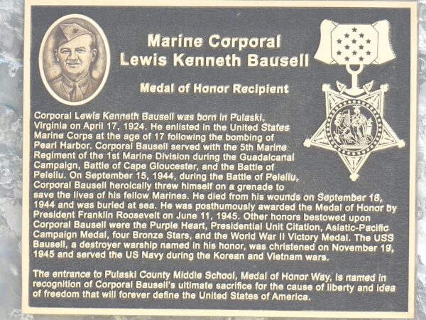 MARINE CORPORAL LEWIS KENNETH BAUSELL MEDAL OF HONOR MEMORIAL PLAQUE