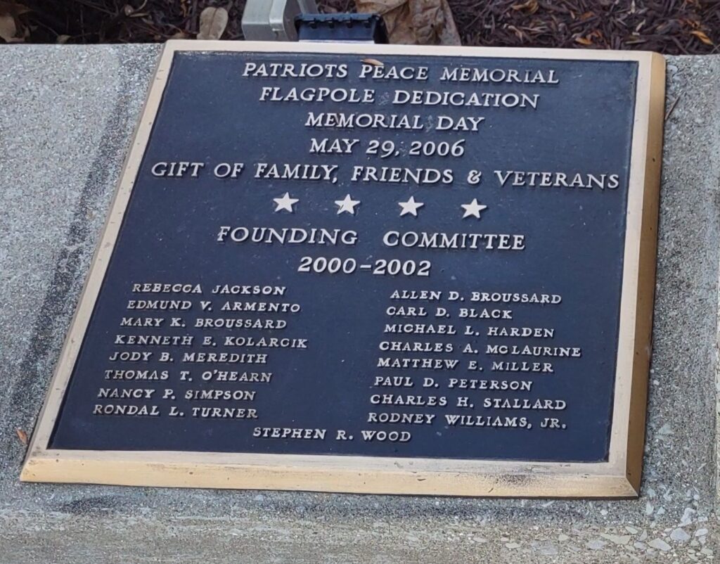 PATRIOTS PEACE MEMORIAL PLAQUE B