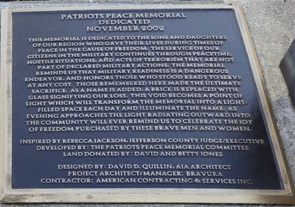 PATRIOTS PEACE MEMORIAL PLAQUE A