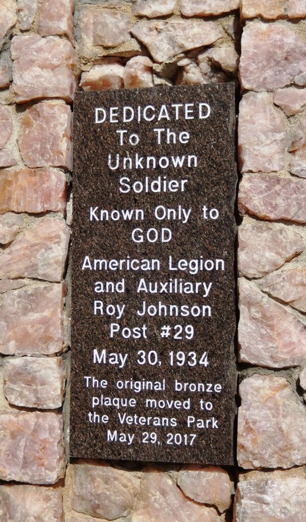 AMERICAN LEGION POST #29 UNKNOWN SOLDIER MEMORIAL PLAQUE