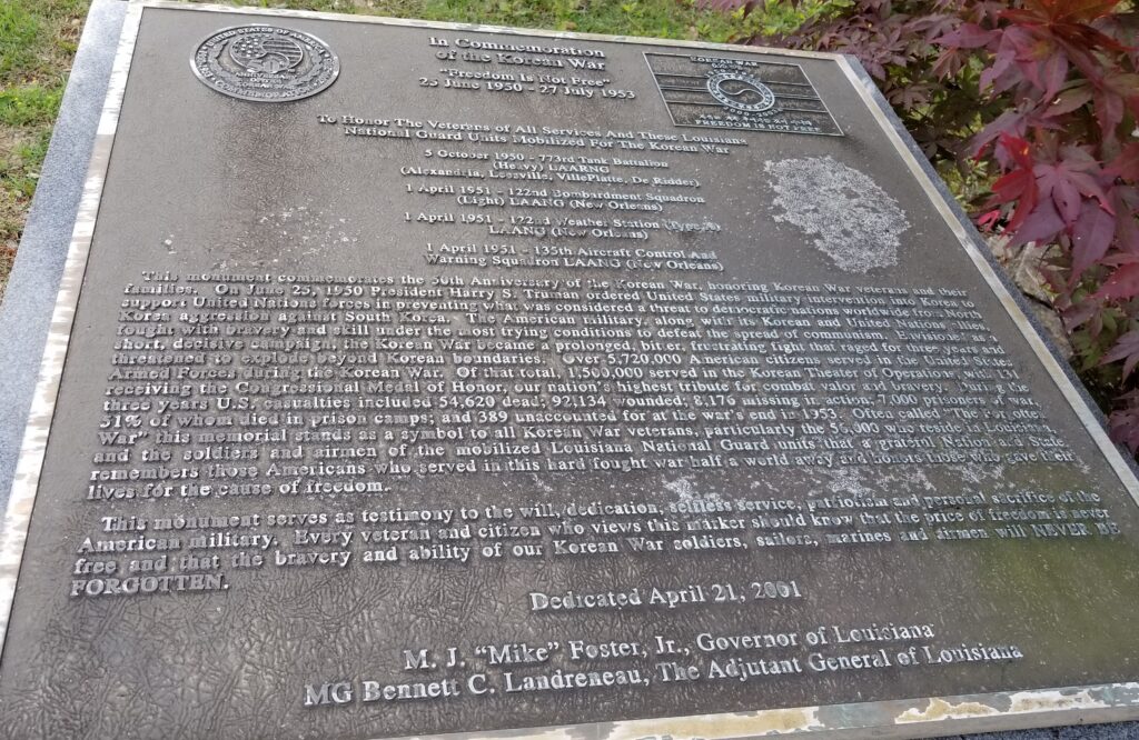 LOUISIANA NATIONAL GUARD KOREAN WAR MEMORIAL PLAQUE