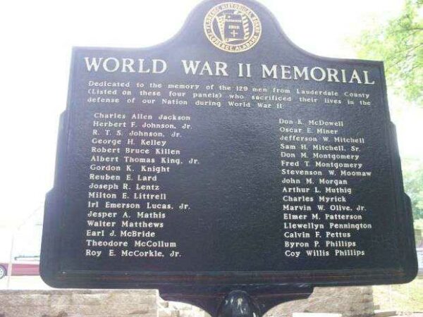 WORLD WAR II MEMORIAL MARKER OF LAUDERDALE COUNTY SIDE C