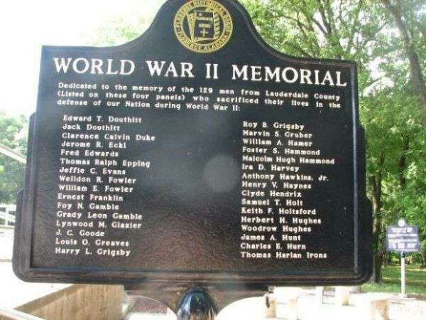 WORLD WAR II MEMORIAL MARKER OF LAUDERDALE COUNTY SIDE B