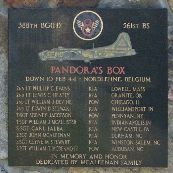PANDORA’S BOX B-17 WAR MEMORIAL PLAQUE