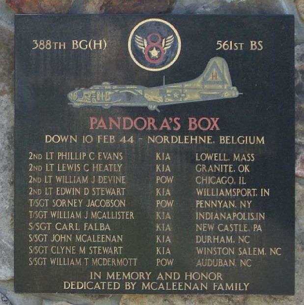 PANDORA’S BOX B-17 WAR MEMORIAL PLAQUE