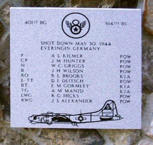 SHOT DOWN MAY 30, 1944 B-17 WAR MEMORIAL PLAQUE
