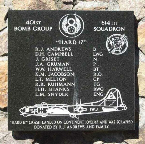 “HARD 17” B-17 WAR MEMORIAL PLAQUE