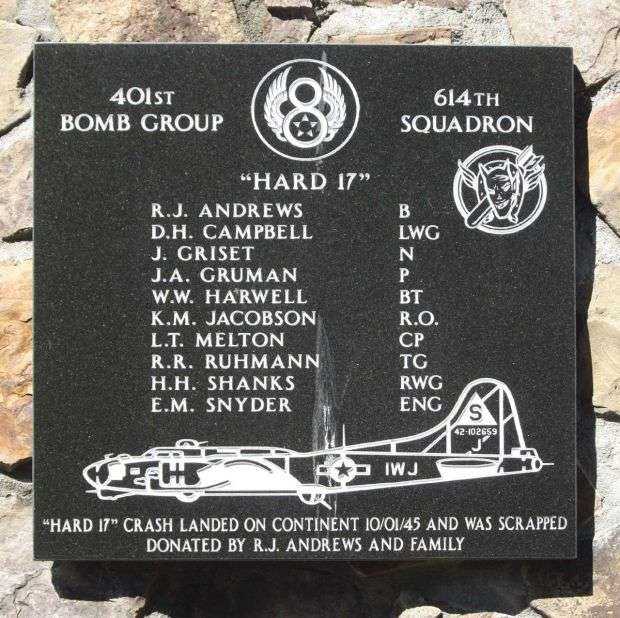 “HARD 17” B-17 WAR MEMORIAL PLAQUE