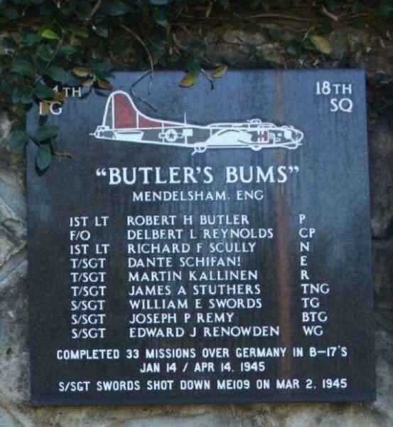 “BUTLER’S BUMS” B-17 WAR MEMORIAL PLAQUE