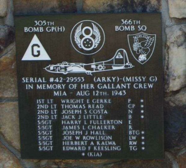 SERIAL #42-29553 (ARKY)-(MISSY G) B-17 WAR MEMORIAL PLAQUE