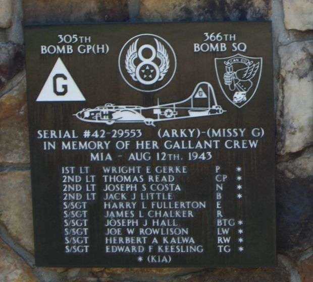 SERIAL #42-29553 (ARKY)-(MISSY G) B-17 WAR MEMORIAL PLAQUE