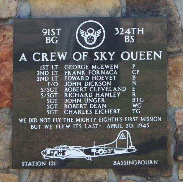 A CREW OF SKY QUEEN B-17 WAR MEMORIAL PLAQUE