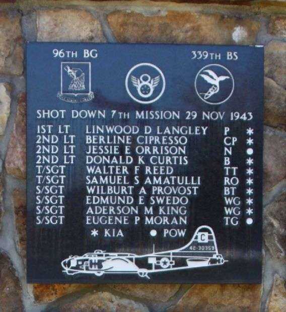96TH BG 339TH BS WAR MEMORIAL PLAQUE