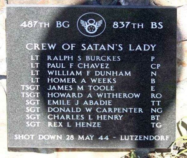 CREW OF SATAN’S LADY B-17 WAR MEMORIAL PLAQUE