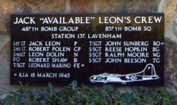 JACK “AVAILABLE” LEON’S CREW B-17 WAR MEMORIAL PLAQUE