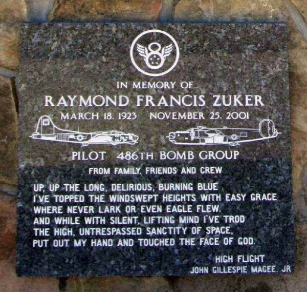 RAYMOND FRANCIS ZUKER WAR MEMORIAL PLAQUE