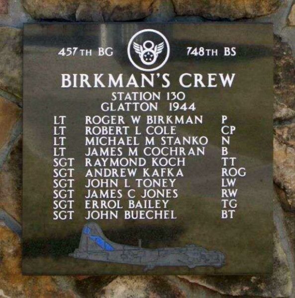 BIRKMAN’S CREW B-17 WAR MEMORIAL PLAQUE