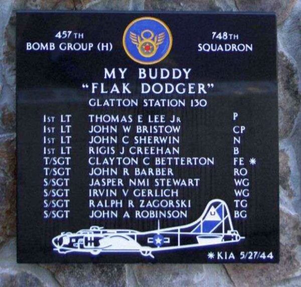 MY BUDDY “FLAK DODGER” B-17 WAR MEMORIAL PLAQUE