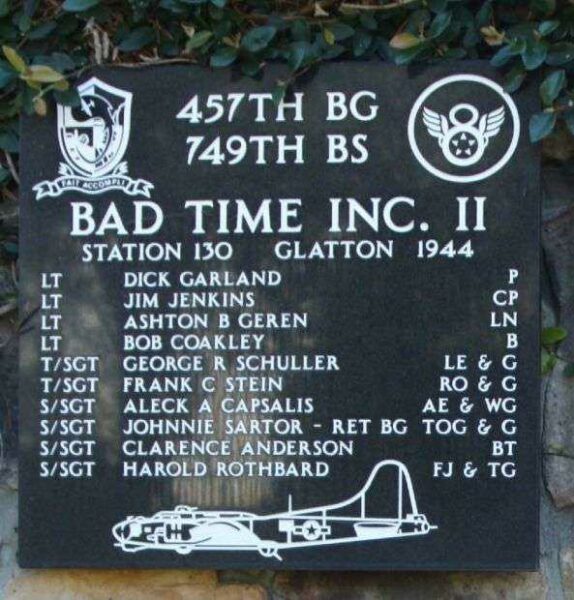 BAD TIME INC. II B-17 WAR MEMORIAL PLAQUE