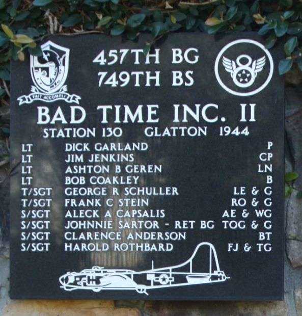 BAD TIME INC. II B-17 WAR MEMORIAL PLAQUE