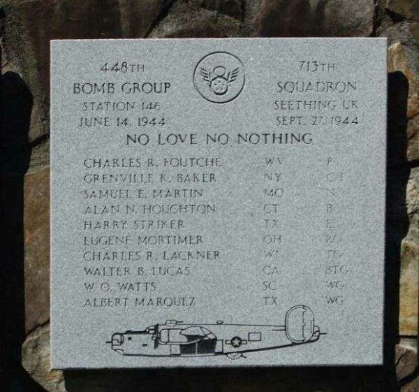 NO LOVE NO NOTHING B-24 WAR MEMORIAL PLAQUE
