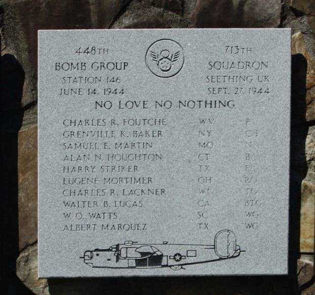 NO LOVE NO NOTHING B-24 WAR MEMORIAL PLAQUE