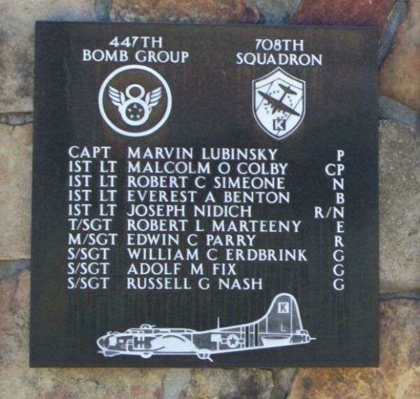 447TH BOMB GROUP 708TH SQUADRON WAR MEMORIAL PLAQUE