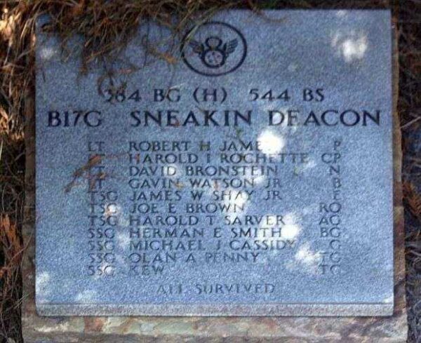 B17G SNEAKIN DEACON WAR MEMORIAL PLAQUE