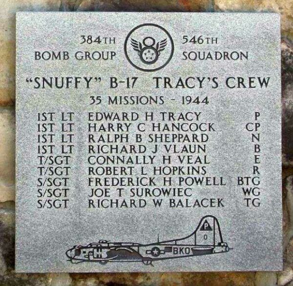 “SNUFFY” B-17 TRACY’S CREW WAR MEMORIAL PLAQUE