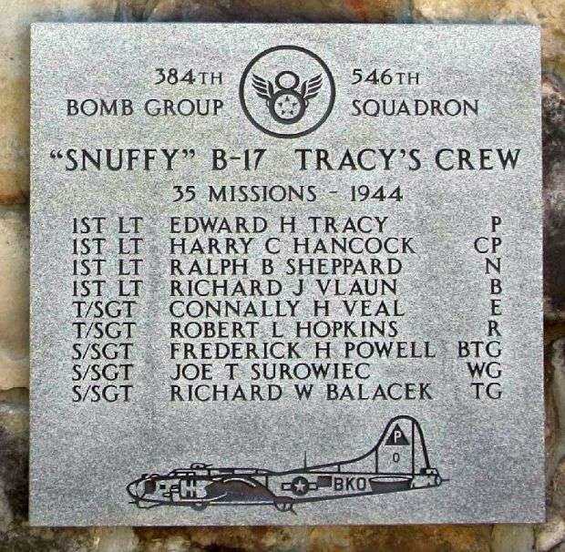 “SNUFFY” B-17 TRACY’S CREW WAR MEMORIAL PLAQUE