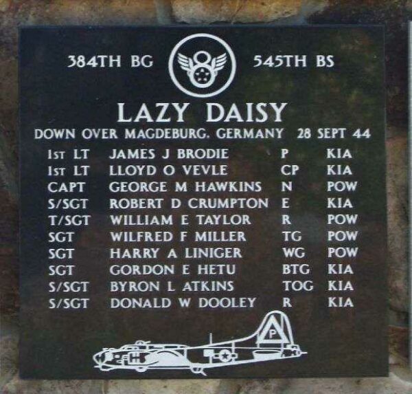 LAZY DAISY B-17 WAR MEMORIAL PLAQUE