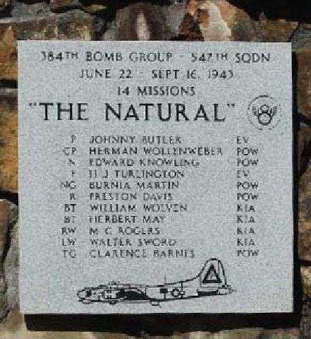 “THE NATURAL” B-17 WAR MEMORIAL PLAQUE
