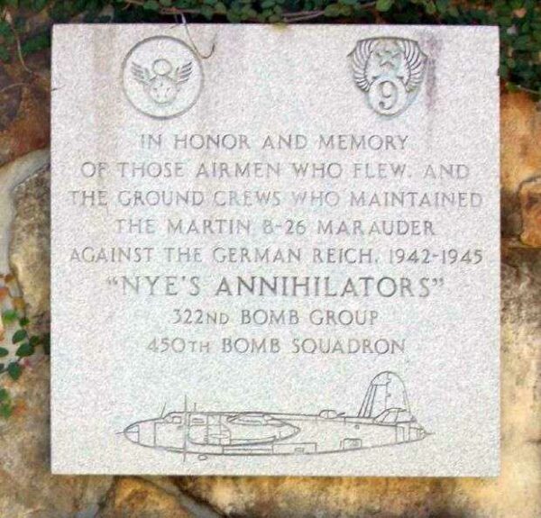 “NYE’S ANNIHILATORS B-26 WAR MEMORIAL PLAQUE