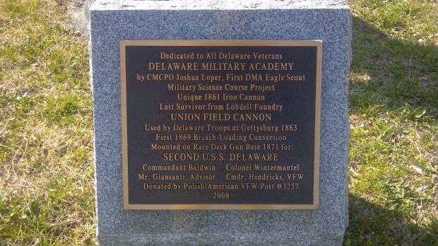 DELAWARE MILITARY ACADEMY MEMORIAL CANNON PLAQUE