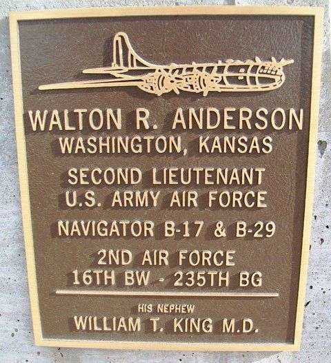 WALTON R. ANDERSON B-29 WAR MEMORIAL PLAQUE